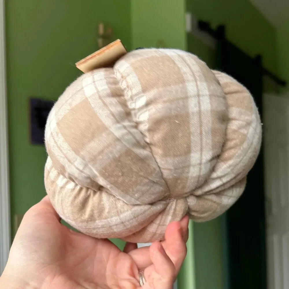 Plush Cream Plaid Red Maple Leaf Accented Pumpkin Fall Home Accent